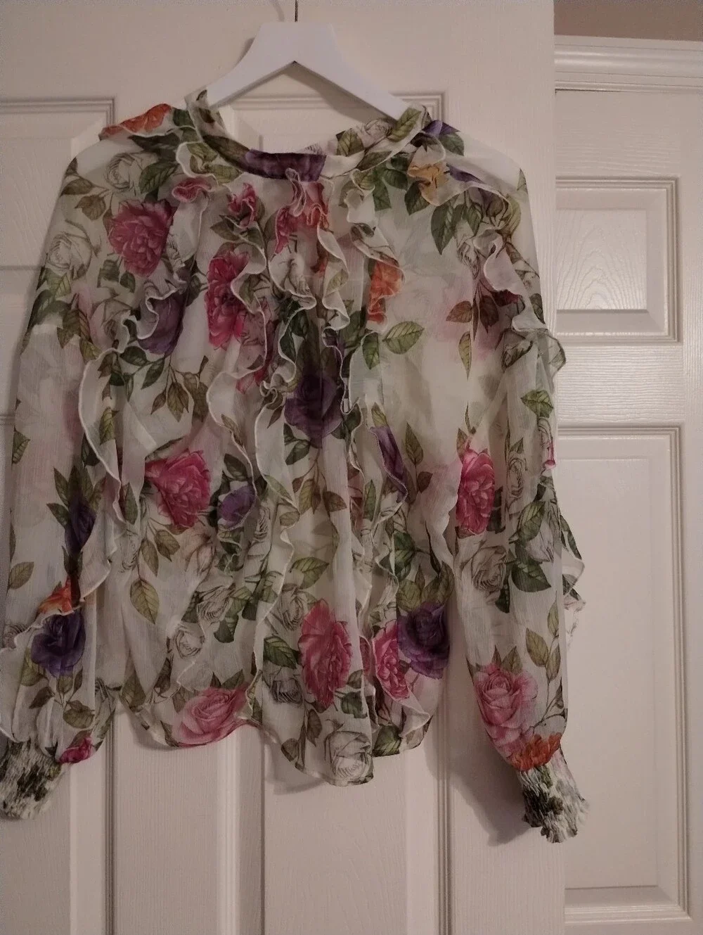 Zara Floral Ruffle Sheer Blouse in White with Pink Purple Yellow Roses XS